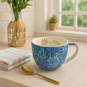Lilly Pulitzer Blue Floral Ceramic Mug Gold Script 16 oz Coffee Cup